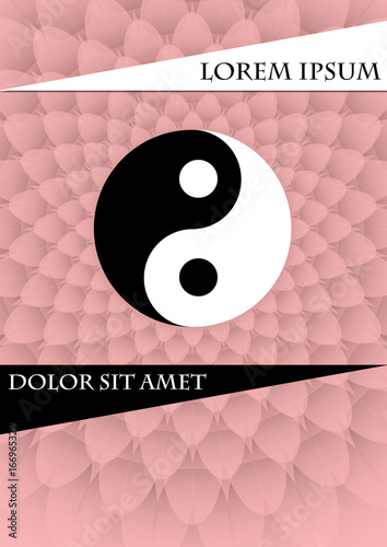 Jin jang symbol on pink textured background. Book cover, placard, flyer, poster, bill template with chinese tag of power