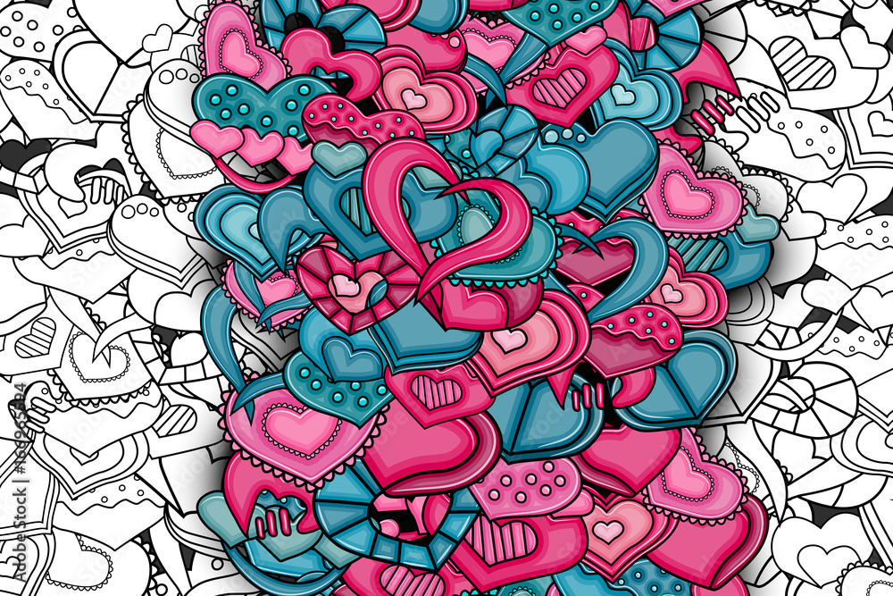 Love hearts hand drawn cartoon card. Valentine's day concept with line art elements. Pink and blue vector illustration.