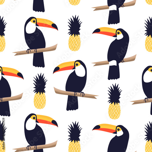 Seamless tropical pattern with toucans and pineapples on white background. Vector iustration photo