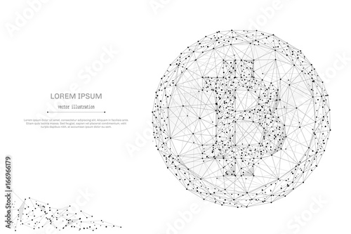 Abstract mash line and point bitcoin on white background with an inscription. Starry sky or space, consisting of stars and the universe. Vector financy illustration