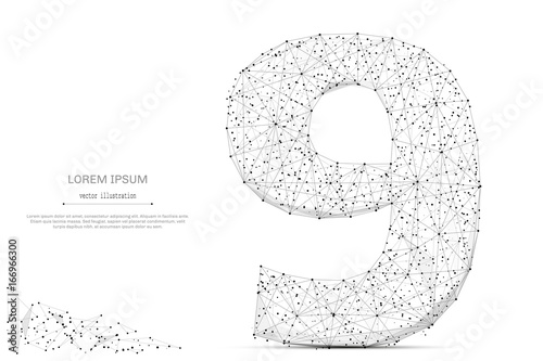 Abstract mash line and point number nine on white background with an inscription. Starry sky or space, consisting of stars and the universe. Vector digit 9 illustration