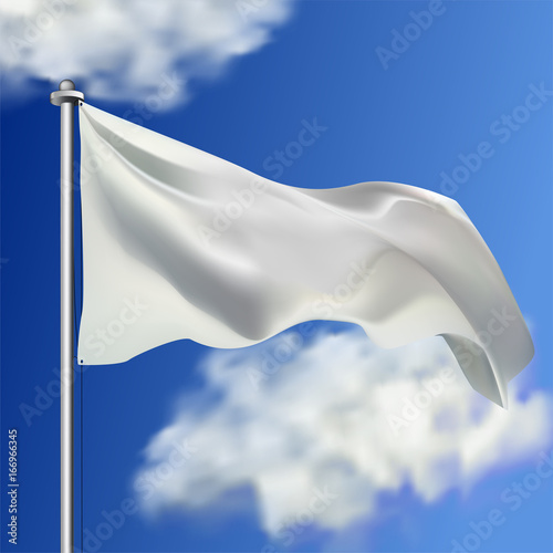 Clean white horizontal waving flag, isolated on sky background. Realistic vector flag mockup. Template for business.