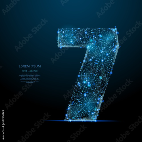 Abstract image of a number seven in the form of a starry sky or space, consisting of points, lines, and shapes in the form of planets, stars and the universe. Vector digit 7 wireframe concept.