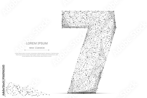 Abstract mash line and point number seven on white background with an inscription. Starry sky or space, consisting of stars and the universe. Vector digit 7 illustration