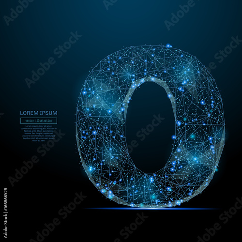 Abstract image of a number zero in the form of a starry sky or space, consisting of points, lines, and shapes in the form of planets, stars and the universe. Vector digit 0 wireframe concept.