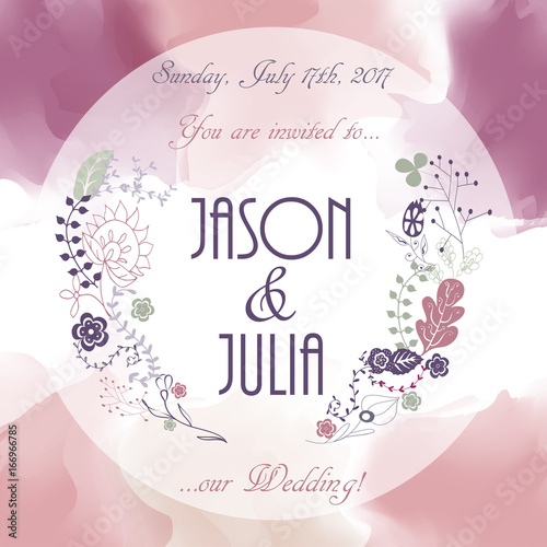 Invitation card on wedding date. Watercolor background. Vector illustration