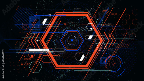 Tech futuristic abstract colorful hexahedron, hud vector geometric backgrounds