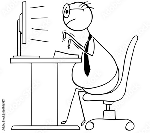 Cartoon Illustration of Overweight Office Worker Typing on Desktop Computer