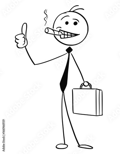Illustration of Successful Businessman with Cigar and Briefcase Showing Thumbs Up