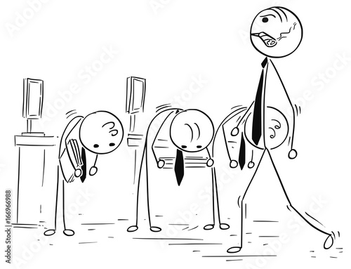 Cartoon Illustration of Boss Manager Walking, his subordinates clerks bow down