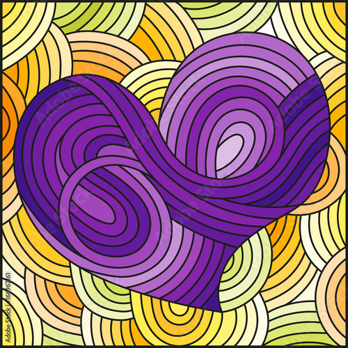 Illustration in stained glass style with an abstract purple heart on yellow background