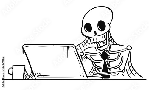 Cartoon Illustration of Human Skeleton of Dead Businessman Sitting in Front of Computer