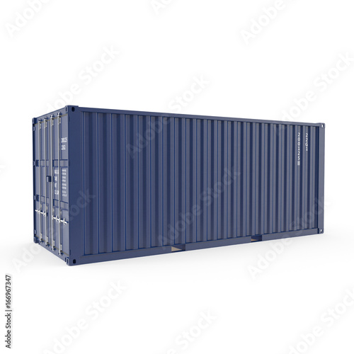 Blue freight shipping container isolated on white. 3D illustration, clipping path