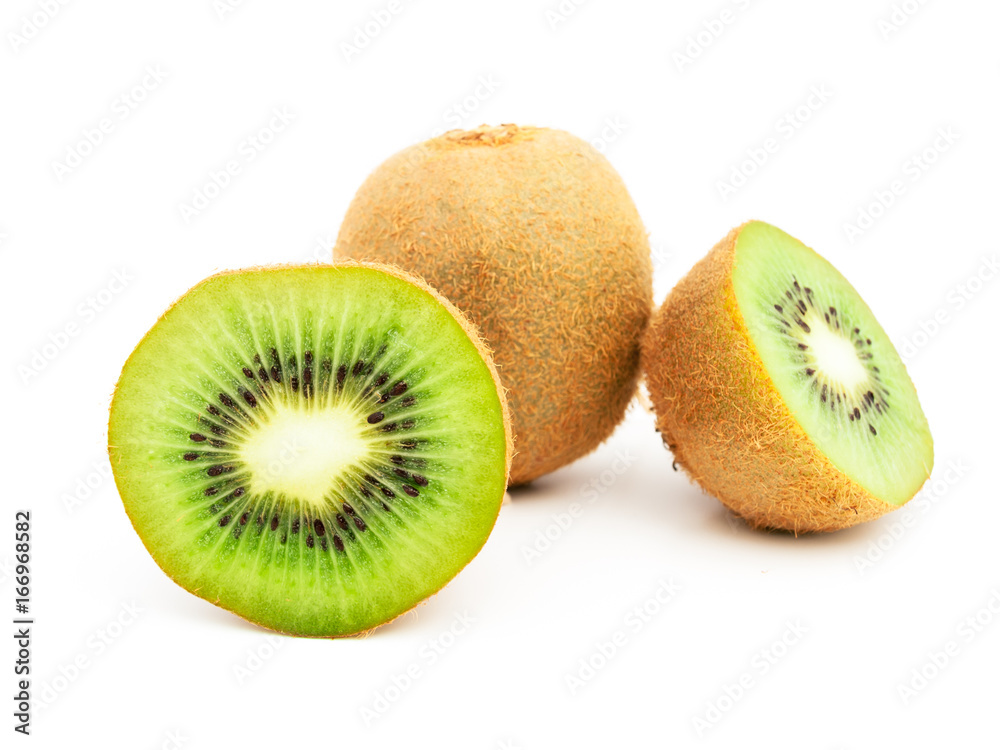 Whole kiwi fruit and his sliced segments on white background Whole kiwi fruit and his sliced segments on white background