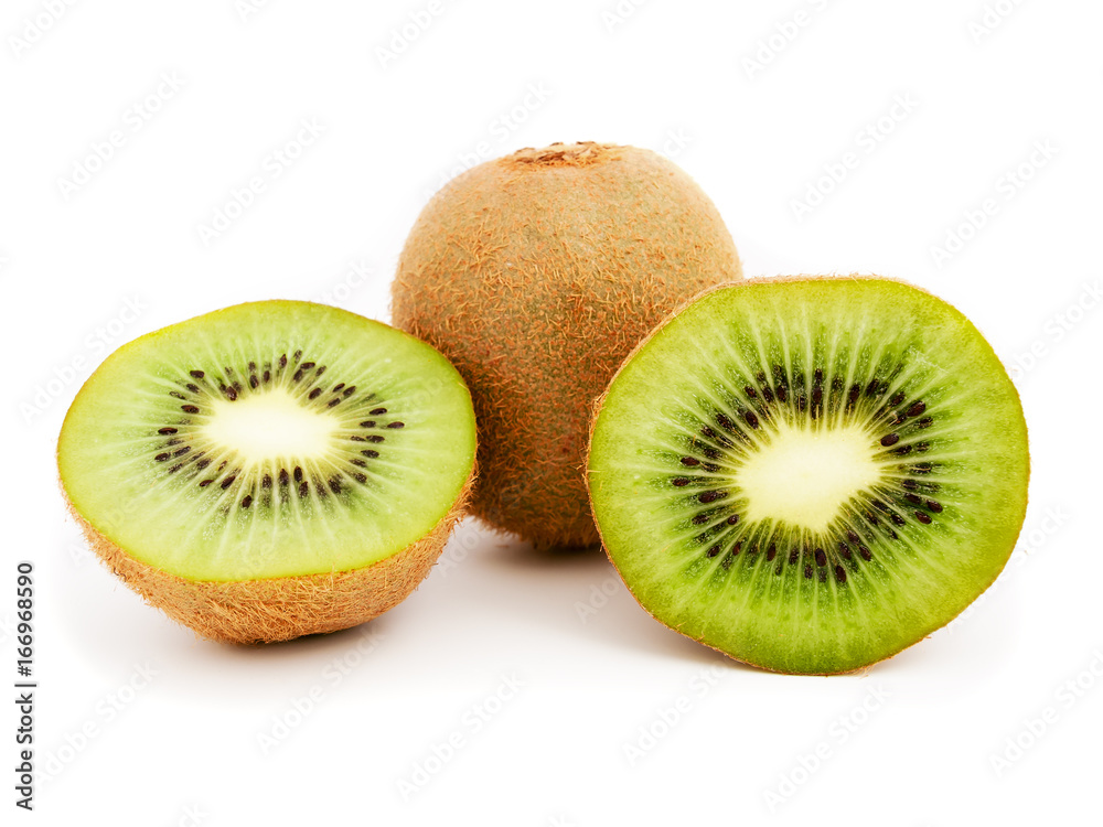 Whole kiwi fruit and his sliced segments on white background Whole kiwi fruit and his sliced segments on white background