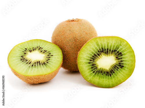 Whole kiwi fruit and his sliced segments on white background