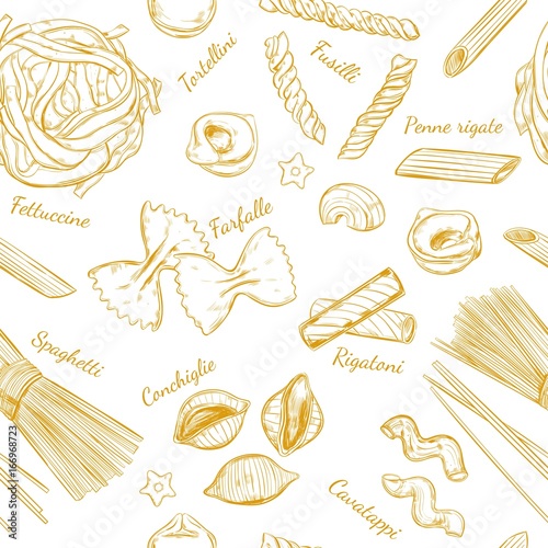 Italian Pasta seamless pattern. Different types of pasta. Vector hand drawn illustration. Isolated objects on white. Sketch style