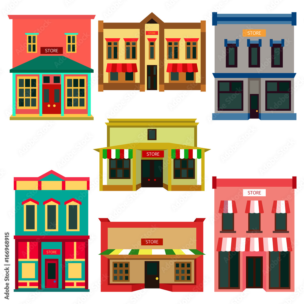 Store shop front window buildings color icon set