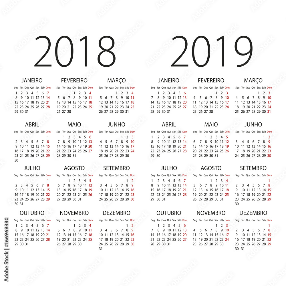 2018 and 2019 years Portuguese pocket vector calendar. 2018 and 2019 years Portuguese pocket vector calendar.
