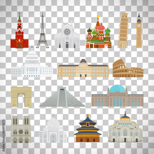 Monuments flat icons on transparent background