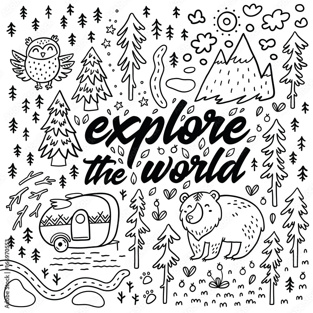 Explore the world cartoon contour map. Comic vector card