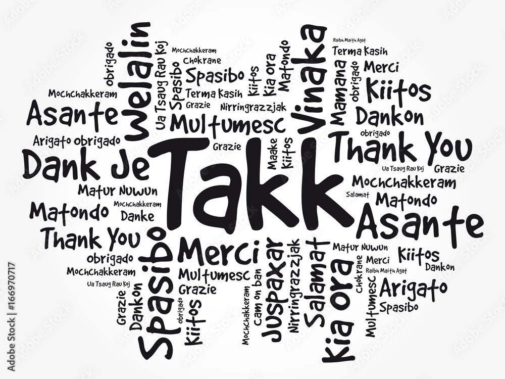 Takk (Thank You in Icelandic) Word Cloud background, all languages, multilingual for education or thanksgiving day