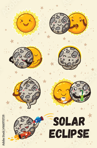 Cute moon practice of yoga. Solar eclipse in phases