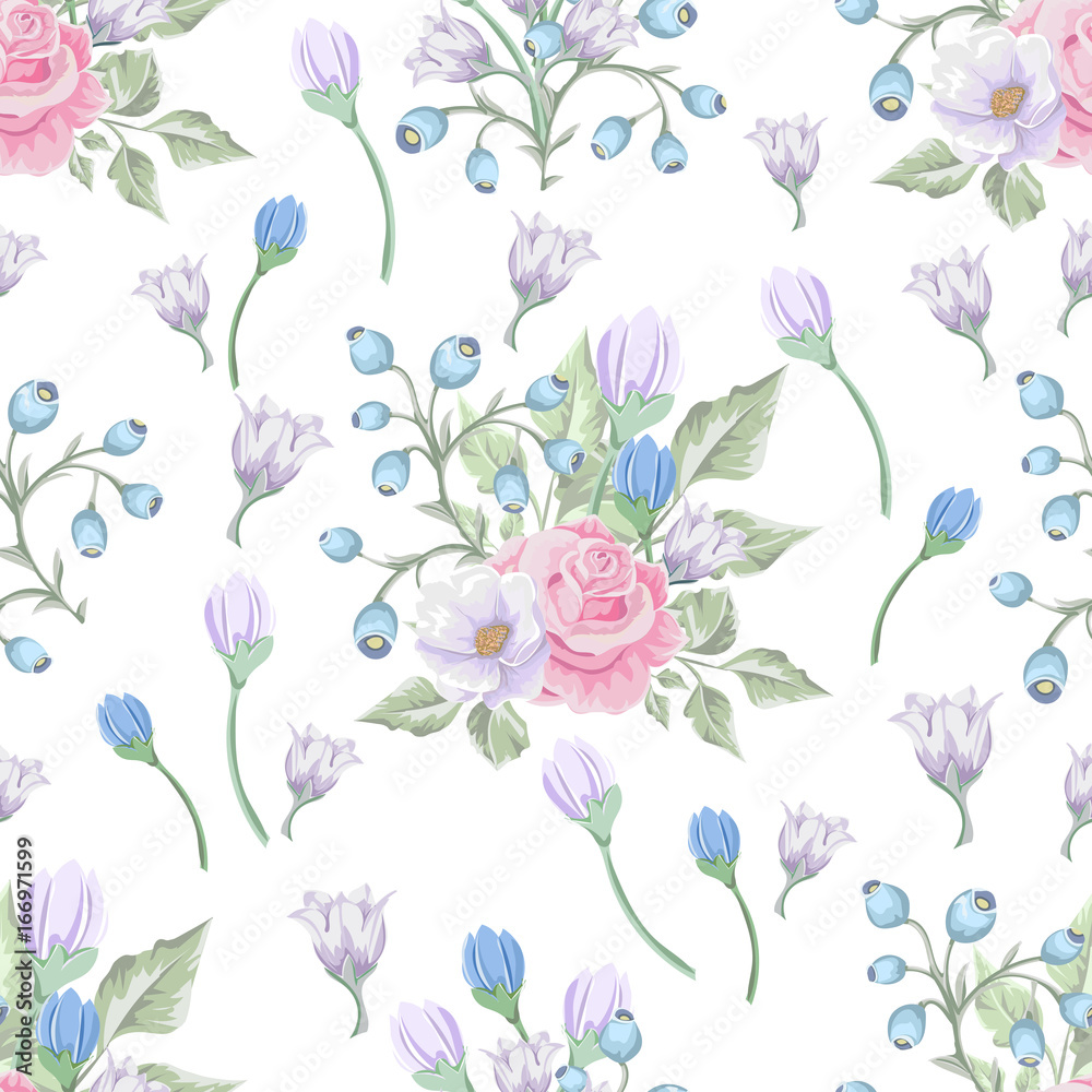 Floral seamless pattern with soft pink  bouquets of flowers.  Vector hand drawn background.