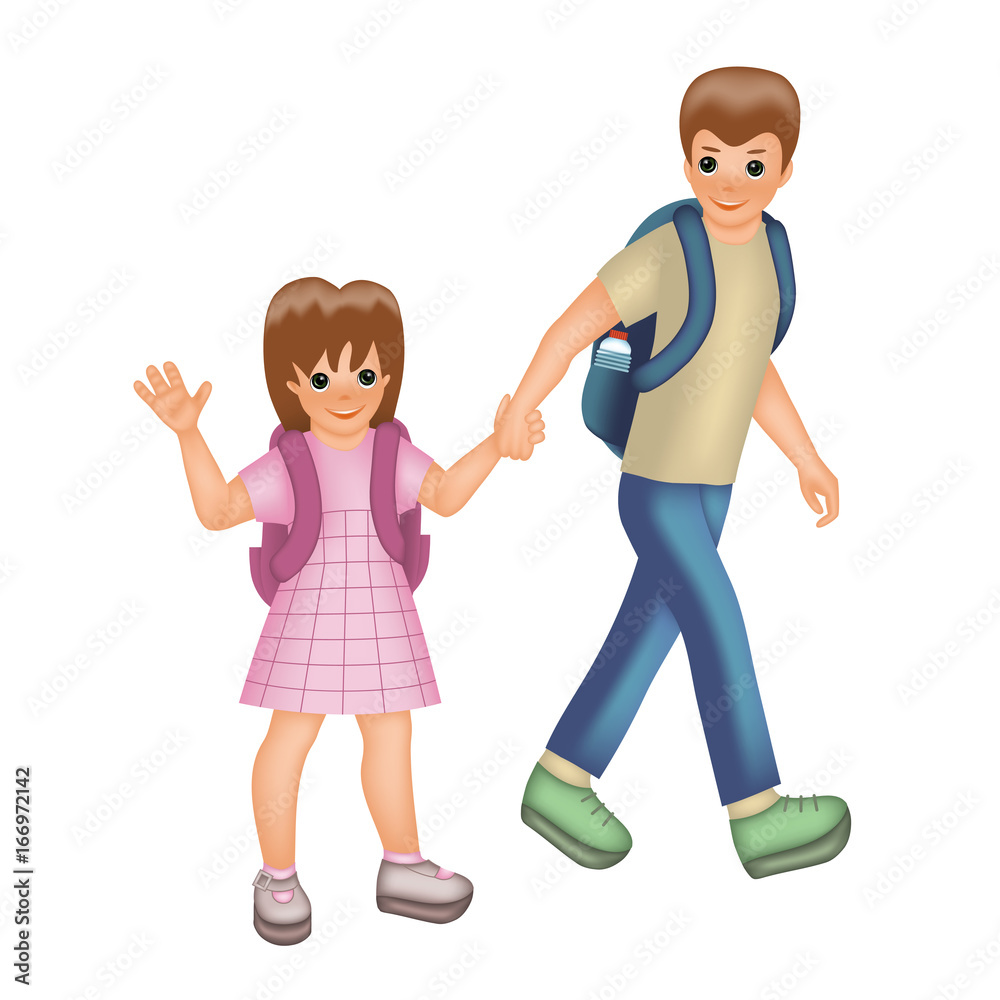 Big brother leads little sister to school. The girl stretching her hand up  for greeting. Back to school, cartoon character isolated on white  background. Stock Vector | Adobe Stock