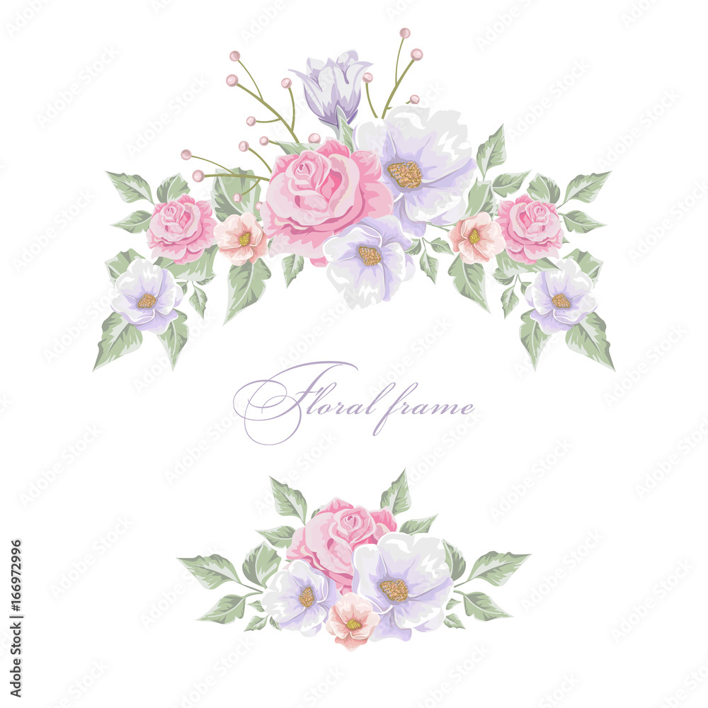 Floral frame with   bouquets of flowers. Vector border.