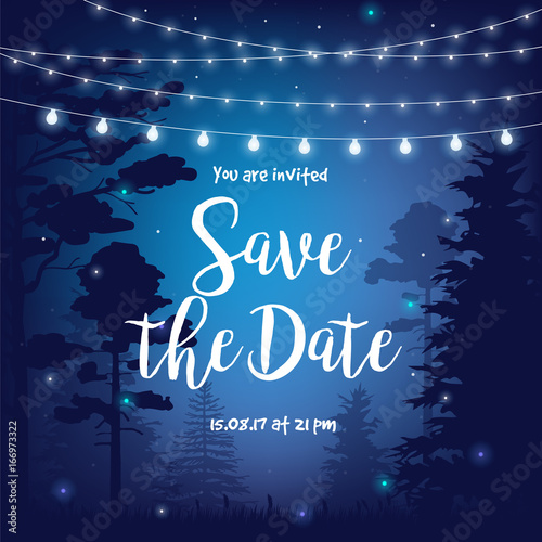 Save the date vector illustration with beautiful night starry sky, palms, leaves and hanging party lights