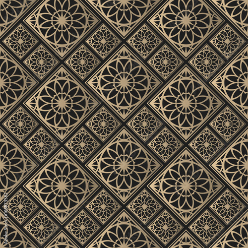 Seamless pattern oriental ornament. Black and golden textile print. Islamic vector design. Floral tiles.