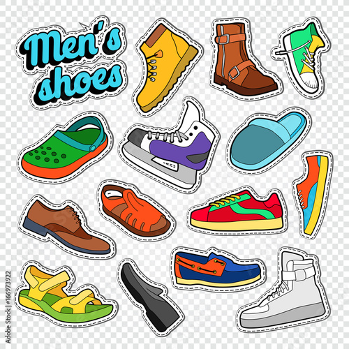 Mens Fashion Doodle. Male Footwear Stickers, Badges and Patches with Sneakers, Boots and Shoes. Vector illustration