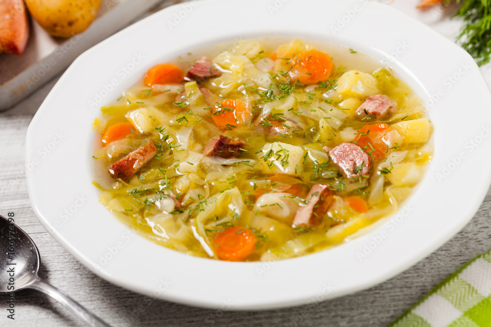 Homemade cabbage soup, cooked on smoked ribs.