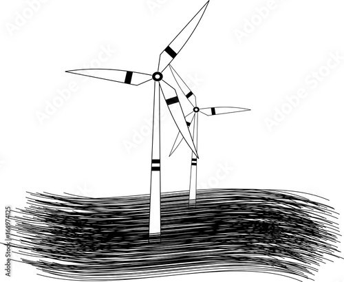modern windmill turbines generating renewable green energy with no background