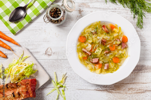 Homemade cabbage soup, cooked on smoked ribs.