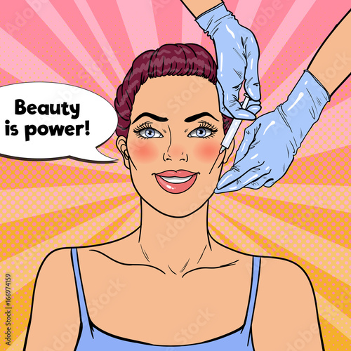 Pop Art Young Woman is Getting Beauty Facial Injection. Plastic Surgery Cosmetology Clinic. Vector illustration