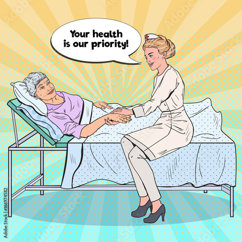Pop Art Nurse Holding Hand of Older Woman. Health Care, Medicine, Hospital. Vector illustration
