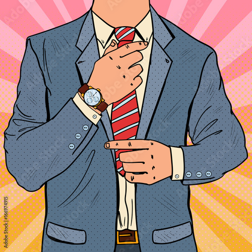 Pop Art Businessman Adjusting Neck Tie. Male Business Fashion Style. Vector illustration