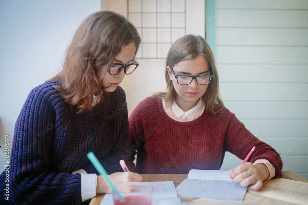 Young college students do homework together, girls write in notebooks Young college students do homework together, girls write in notebooks