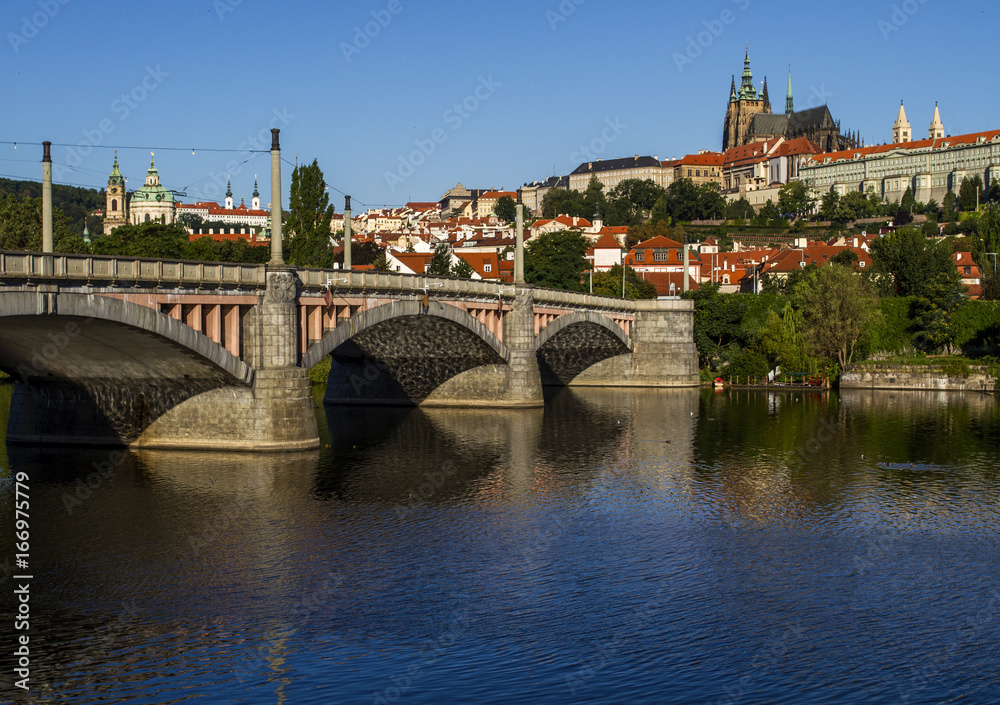 Morning, view on Prague Castle, old city and bridge  . Prague.Czech Republic, European travel.