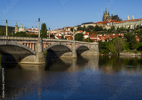 Morning, view on Prague Castle, old city and bridge . Prague.Czech Republic, European travel.
