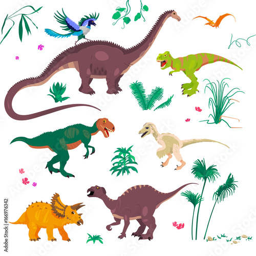 Fototapeta Naklejka Na Ścianę i Meble -  Palm trees and T-Rex. Raptor and Triceratops, Diplodocus. Pterodactyl, Megalosaur, Iguanodon etc