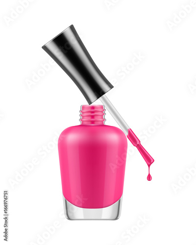 Realistic nail polish bottle. Pink polish nail bottle with brush and a drop of varnish. Product, makeup, nail care. Realistic template vector illustration