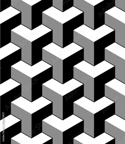 Abstract 3d cubes geometric seamless pattern in black and white, vector
