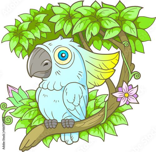 Cartoon parrot cockatoo sitting on a branch
