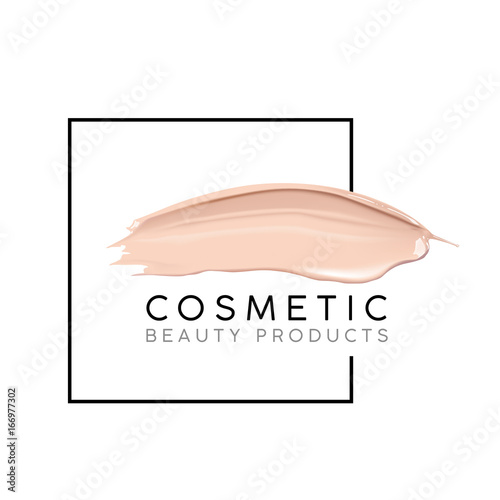 Makeup design template with place for text. Cosmetic Logo concept of liquid foundation and lipstick smear strokes.