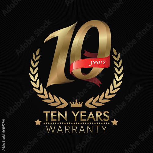 10 Years Warranty background with red ribbon. Poster, label, badge or brochure template. Vector illustration