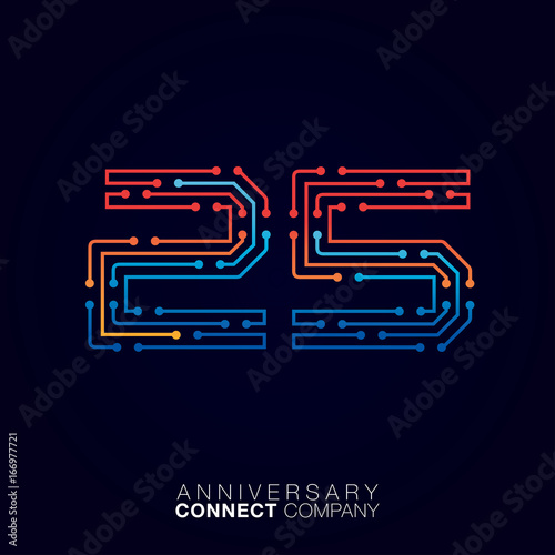 25 Anniversary, Letter twenty-five logotype orange and blue color,Technology and digital abstract dot connection company vector logo