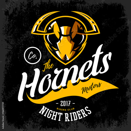 Vintage furious hornet bikers gang club vector logo concept isolated on black background. Street wear mascot badge design. Premium quality wild insect emblem t-shirt tee print illustration.